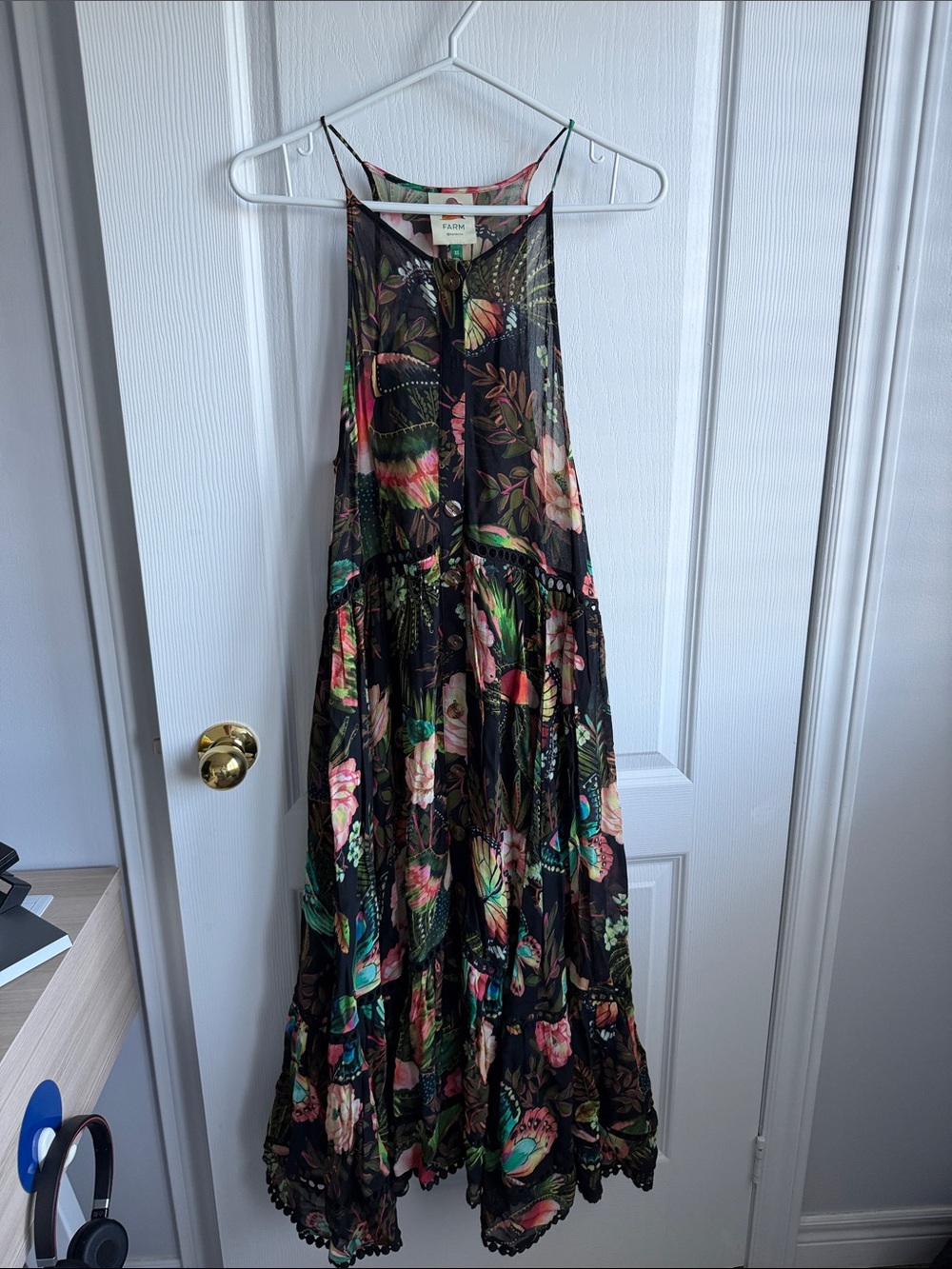 FARM Rio Black Floral Tiered Maxi Dress with Green and Pink Accents